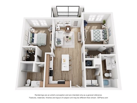 Floor plan for 2 beds, 2 baths, 1132 sqft
